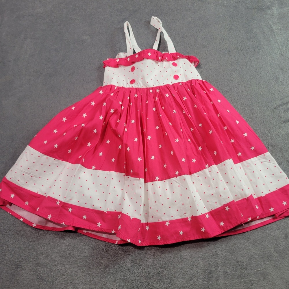 SweetHoney Dress Girls 6Y Pink White Stars Polka Dot Ruffle Sun Dress Americana